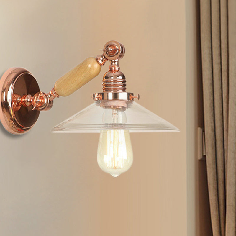 1 Light Clear Glass Wall Sconce Light Rustic Rose Gold Cone Living Room Lighting Fixture with Rotatable Arm Clear Clearhalo 'Cast Iron' 'Glass' 'Industrial wall lights' 'Industrial' 'Middle century wall lights' 'Modern' 'Tiffany' 'Traditional wall lights' 'Wall Lamps & Sconces' 'Wall Lights' Lighting' 251056