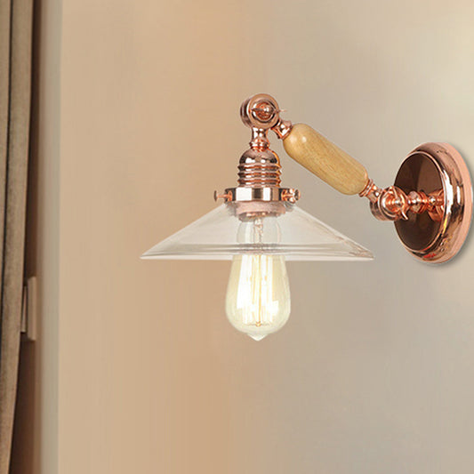 1 Light Clear Glass Wall Sconce Light Rustic Rose Gold Cone Living Room Lighting Fixture with Rotatable Arm Clearhalo 'Cast Iron' 'Glass' 'Industrial wall lights' 'Industrial' 'Middle century wall lights' 'Modern' 'Tiffany' 'Traditional wall lights' 'Wall Lamps & Sconces' 'Wall Lights' Lighting' 251057