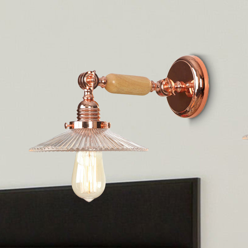 Ribbed Glass Rose Gold Sconce Light Saucer 1-Light Industrial Wall Lamp Fixture for Living Room Clear Clearhalo 'Cast Iron' 'Glass' 'Industrial wall lights' 'Industrial' 'Middle century wall lights' 'Modern' 'Tiffany' 'Traditional wall lights' 'Wall Lamps & Sconces' 'Wall Lights' Lighting' 251064