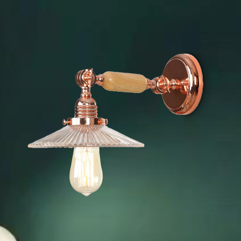 Ribbed Glass Rose Gold Sconce Light Saucer 1-Light Industrial Wall Lamp Fixture for Living Room Clearhalo 'Cast Iron' 'Glass' 'Industrial wall lights' 'Industrial' 'Middle century wall lights' 'Modern' 'Tiffany' 'Traditional wall lights' 'Wall Lamps & Sconces' 'Wall Lights' Lighting' 251066