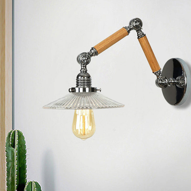 One Bulb Wall Light Saucer Shade Ribbed Glass Vintage Study Room Sconce Lighting Fixture with 8"+8"/6"+6"/8"+4" Extendable Wooden Arm Clear Clearhalo 'Cast Iron' 'Glass' 'Industrial wall lights' 'Industrial' 'Middle century wall lights' 'Modern' 'Tiffany' 'Traditional wall lights' 'Wall Lamps & Sconces' 'Wall Lights' Lighting' 251099