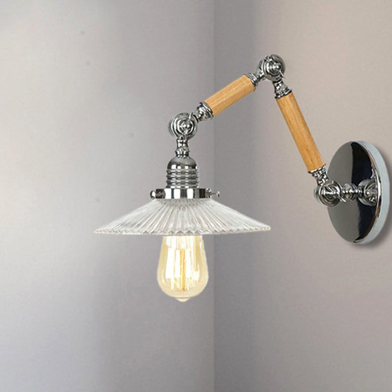 One Bulb Wall Light Saucer Shade Ribbed Glass Vintage Study Room Sconce Lighting Fixture with 8"+8"/6"+6"/8"+4" Extendable Wooden Arm Clearhalo 'Cast Iron' 'Glass' 'Industrial wall lights' 'Industrial' 'Middle century wall lights' 'Modern' 'Tiffany' 'Traditional wall lights' 'Wall Lamps & Sconces' 'Wall Lights' Lighting' 251101