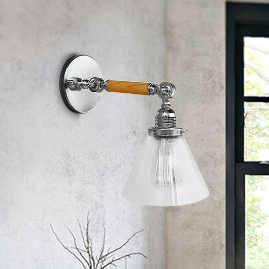 Cone Clear Glass Wall Mounted Lamp Industrial Single Bulb Dining Room Sconce Light, 8"/4"/14" Clearhalo 'Cast Iron' 'Glass' 'Industrial wall lights' 'Industrial' 'Middle century wall lights' 'Modern' 'Tiffany' 'Traditional wall lights' 'Wall Lamps & Sconces' 'Wall Lights' Lighting' 251124