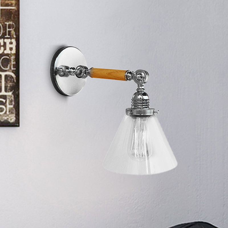 Cone Clear Glass Wall Mounted Lamp Industrial Single Bulb Dining Room Sconce Light, 8"/4"/14" Clearhalo 'Cast Iron' 'Glass' 'Industrial wall lights' 'Industrial' 'Middle century wall lights' 'Modern' 'Tiffany' 'Traditional wall lights' 'Wall Lamps & Sconces' 'Wall Lights' Lighting' 251125