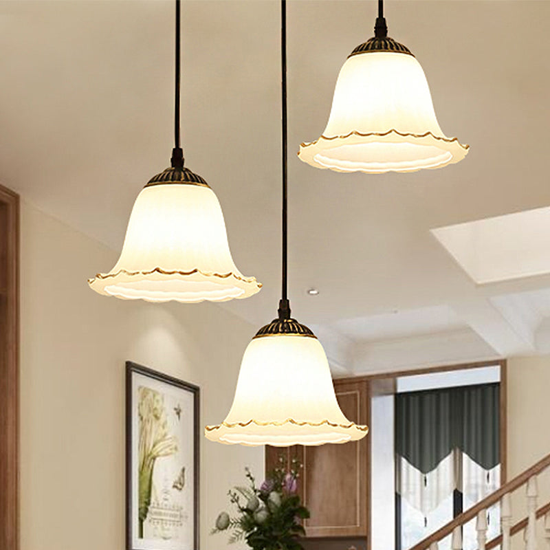 Black 3 Lights Cluster Pendant Light Classic Frosted Glass Flared Hanging Lamp for Dining Room Clearhalo 'Ceiling Lights' 'Glass shade' 'Glass' 'Pendant Lights' 'Pendants' Lighting' 251303