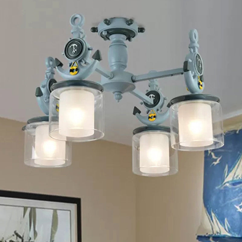 Glass Cylinder Flush Mount Light 4 Lights Nautical Style Ceiling Lamp in Blue for Hallway Blue 24.5" Clearhalo 'Ceiling Lights' 'Close To Ceiling Lights' 'Close to ceiling' 'Semi-flushmount' Lighting' 251358