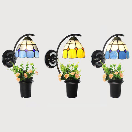 Dome Sconce Light Tiffany Stain Glass 1 Head Yellow/Clear/Blue Wall Light Fixture with Flower Decoration Clearhalo 'Industrial' 'Middle century wall lights' 'Tiffany wall lights' 'Tiffany' 'Wall Lamps & Sconces' 'Wall Lights' Lighting' 25145
