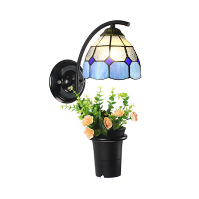 Dome Sconce Light Tiffany Stain Glass 1 Head Yellow/Clear/Blue Wall Light Fixture with Flower Decoration Clear Clearhalo 'Industrial' 'Middle century wall lights' 'Tiffany wall lights' 'Tiffany' 'Wall Lamps & Sconces' 'Wall Lights' Lighting' 25147