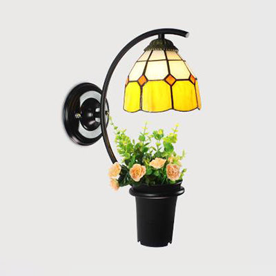 Dome Sconce Light Tiffany Stain Glass 1 Head Yellow/Clear/Blue Wall Light Fixture with Flower Decoration Yellow Clearhalo 'Industrial' 'Middle century wall lights' 'Tiffany wall lights' 'Tiffany' 'Wall Lamps & Sconces' 'Wall Lights' Lighting' 25148