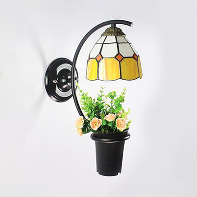 Dome Sconce Light Tiffany Stain Glass 1 Head Yellow/Clear/Blue Wall Light Fixture with Flower Decoration Clearhalo 'Industrial' 'Middle century wall lights' 'Tiffany wall lights' 'Tiffany' 'Wall Lamps & Sconces' 'Wall Lights' Lighting' 25149