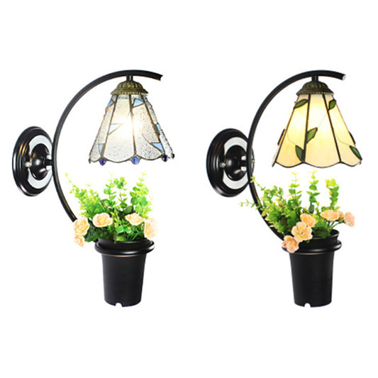 Lily Wall Light Fixture Tiffany Beige/Clear Glass 1 Head Black Sconce Lighting with Flower Decoration Clearhalo 'Industrial' 'Middle century wall lights' 'Tiffany wall lights' 'Tiffany' 'Wall Lamps & Sconces' 'Wall Lights' Lighting' 25151