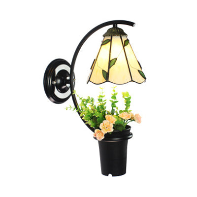 Lily Wall Light Fixture Tiffany Beige/Clear Glass 1 Head Black Sconce Lighting with Flower Decoration Clearhalo 'Industrial' 'Middle century wall lights' 'Tiffany wall lights' 'Tiffany' 'Wall Lamps & Sconces' 'Wall Lights' Lighting' 25152