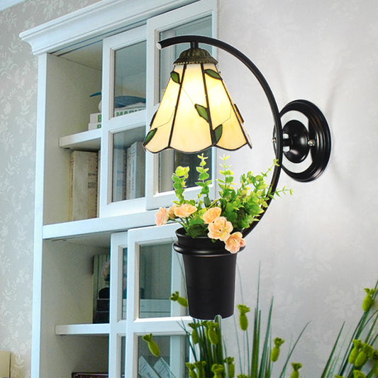 Lily Wall Light Fixture Tiffany Beige/Clear Glass 1 Head Black Sconce Lighting with Flower Decoration Beige Clearhalo 'Industrial' 'Middle century wall lights' 'Tiffany wall lights' 'Tiffany' 'Wall Lamps & Sconces' 'Wall Lights' Lighting' 25153