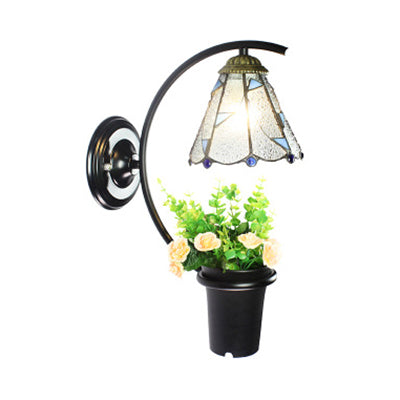 Lily Wall Light Fixture Tiffany Beige/Clear Glass 1 Head Black Sconce Lighting with Flower Decoration Clear Clearhalo 'Industrial' 'Middle century wall lights' 'Tiffany wall lights' 'Tiffany' 'Wall Lamps & Sconces' 'Wall Lights' Lighting' 25154