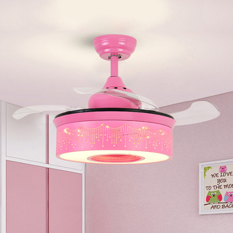Macaron Ceiling Fan Drum Shade with Invisible Blade Drum 1 Light Acrylic Semi Flushmount Light for Bedroom Pink Clearhalo 'Ceiling Fans with Lights' 'Ceiling Fans' 'Kids Ceiling Fans' 'Kids' Lighting' 251623