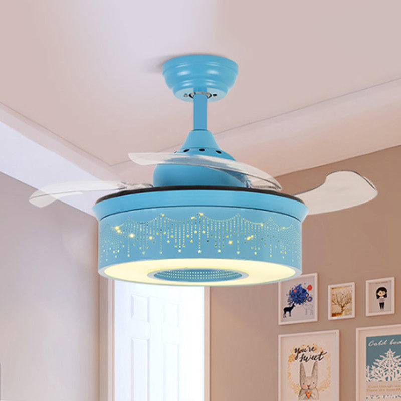 Macaron Ceiling Fan Drum Shade with Invisible Blade Drum 1 Light Acrylic Semi Flushmount Light for Bedroom Clearhalo 'Ceiling Fans with Lights' 'Ceiling Fans' 'Kids Ceiling Fans' 'Kids' Lighting' 251628