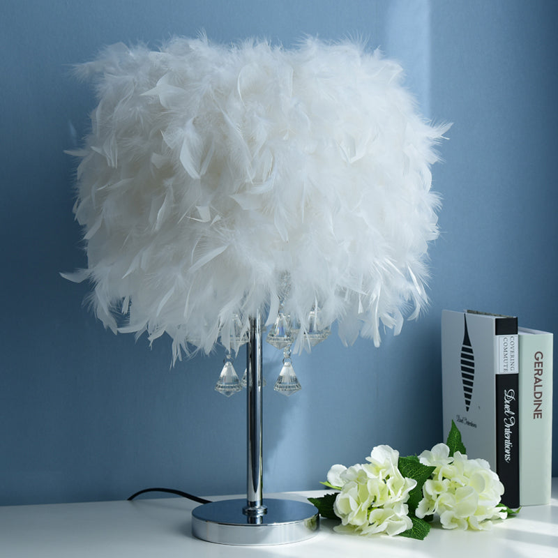 Romantic Drum Desk Light Feather White Table Light with Clear Crystal Bead for Hotel Restaurant White Clearhalo 'Lamps' 'Table Lamps' Lighting' 251788