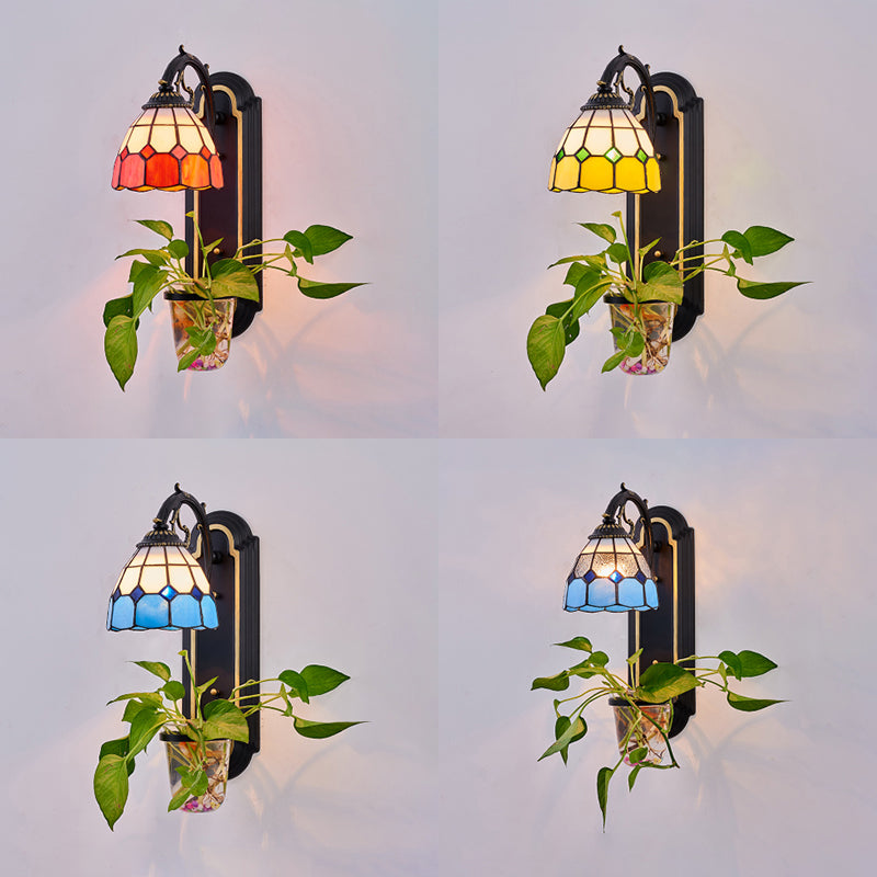 Stained Glass Dome Sconce Lighting Tiffany 1 Head Blue/Yellow/Orange Wall Light Fixture with Plant Decoration Clearhalo 'Industrial' 'Middle century wall lights' 'Tiffany wall lights' 'Tiffany' 'Wall Lamps & Sconces' 'Wall Lights' Lighting' 25185