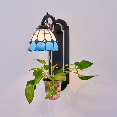 Stained Glass Dome Sconce Lighting Tiffany 1 Head Blue/Yellow/Orange Wall Light Fixture with Plant Decoration Blue Clearhalo 'Industrial' 'Middle century wall lights' 'Tiffany wall lights' 'Tiffany' 'Wall Lamps & Sconces' 'Wall Lights' Lighting' 25186