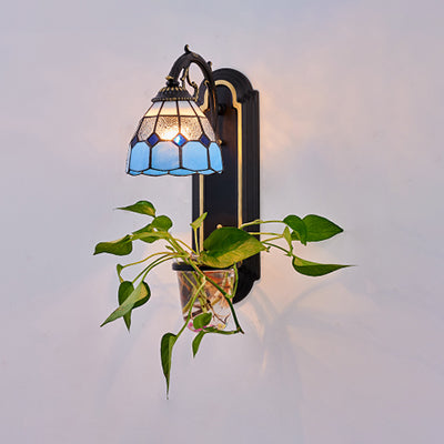 Stained Glass Dome Sconce Lighting Tiffany 1 Head Blue/Yellow/Orange Wall Light Fixture with Plant Decoration Clearhalo 'Industrial' 'Middle century wall lights' 'Tiffany wall lights' 'Tiffany' 'Wall Lamps & Sconces' 'Wall Lights' Lighting' 25187