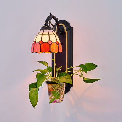Stained Glass Dome Sconce Lighting Tiffany 1 Head Blue/Yellow/Orange Wall Light Fixture with Plant Decoration Orange Clearhalo 'Industrial' 'Middle century wall lights' 'Tiffany wall lights' 'Tiffany' 'Wall Lamps & Sconces' 'Wall Lights' Lighting' 25189