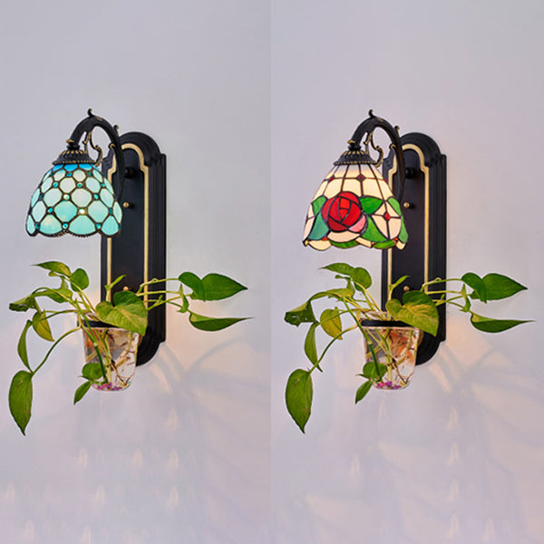 1 Head Dome Sconce Light Tiffany Blue/Red Stained Glass Wall Light Fixture with Plant Design Clearhalo 'Industrial' 'Middle century wall lights' 'Tiffany wall lights' 'Tiffany' 'Wall Lamps & Sconces' 'Wall Lights' Lighting' 25192