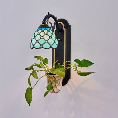 1 Head Dome Sconce Light Tiffany Blue/Red Stained Glass Wall Light Fixture with Plant Design Blue Clearhalo 'Industrial' 'Middle century wall lights' 'Tiffany wall lights' 'Tiffany' 'Wall Lamps & Sconces' 'Wall Lights' Lighting' 25193