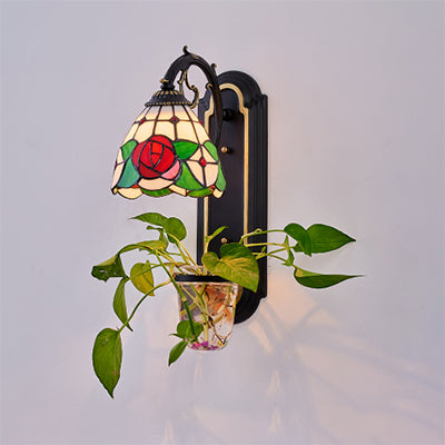 1 Head Dome Sconce Light Tiffany Blue/Red Stained Glass Wall Light Fixture with Plant Design Red Clearhalo 'Industrial' 'Middle century wall lights' 'Tiffany wall lights' 'Tiffany' 'Wall Lamps & Sconces' 'Wall Lights' Lighting' 25194