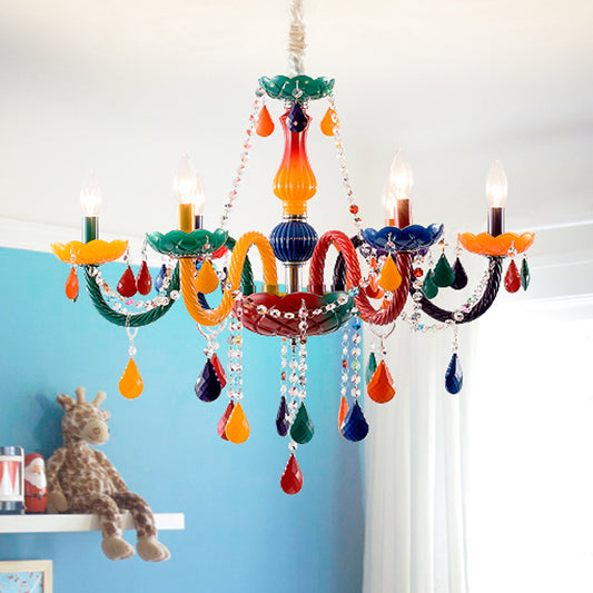 Beautiful Multi-Color Chandelier Candle 6 Lights Glass Pendant Light for Kindergarten Living Room Clearhalo 'Ceiling Lights' 'Chandeliers' 'Glass shade' 'Glass' 'Pendant Lights' Lighting' 251971