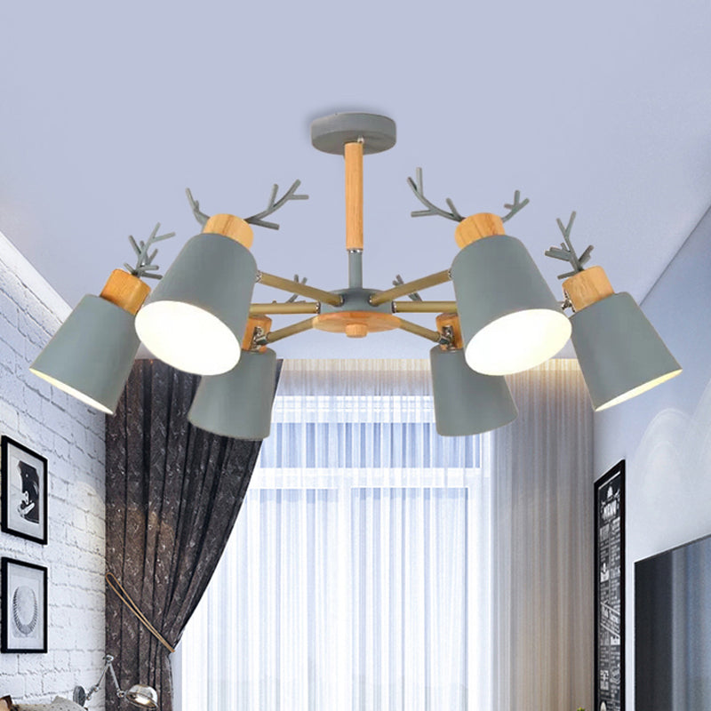 Nordic Bucket Semi Ceiling Mount Light Metal Wood Ceiling Lamp in Green for Living Room Clearhalo 'Ceiling Lights' 'Chandeliers' Lighting' options 251999