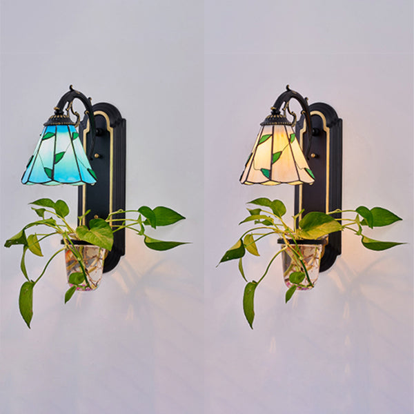 Conical Sconce Lamp Tiffany Beige/Blue Glass 1 Head Black Wall Mount Light with Plant Design Clearhalo 'Industrial' 'Middle century wall lights' 'Tiffany wall lights' 'Tiffany' 'Wall Lamps & Sconces' 'Wall Lights' Lighting' 25201
