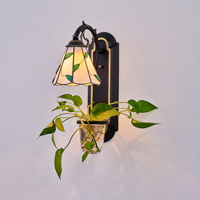 Conical Sconce Lamp Tiffany Beige/Blue Glass 1 Head Black Wall Mount Light with Plant Design Beige Clearhalo 'Industrial' 'Middle century wall lights' 'Tiffany wall lights' 'Tiffany' 'Wall Lamps & Sconces' 'Wall Lights' Lighting' 25202
