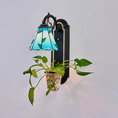 Conical Sconce Lamp Tiffany Beige/Blue Glass 1 Head Black Wall Mount Light with Plant Design Blue Clearhalo 'Industrial' 'Middle century wall lights' 'Tiffany wall lights' 'Tiffany' 'Wall Lamps & Sconces' 'Wall Lights' Lighting' 25203