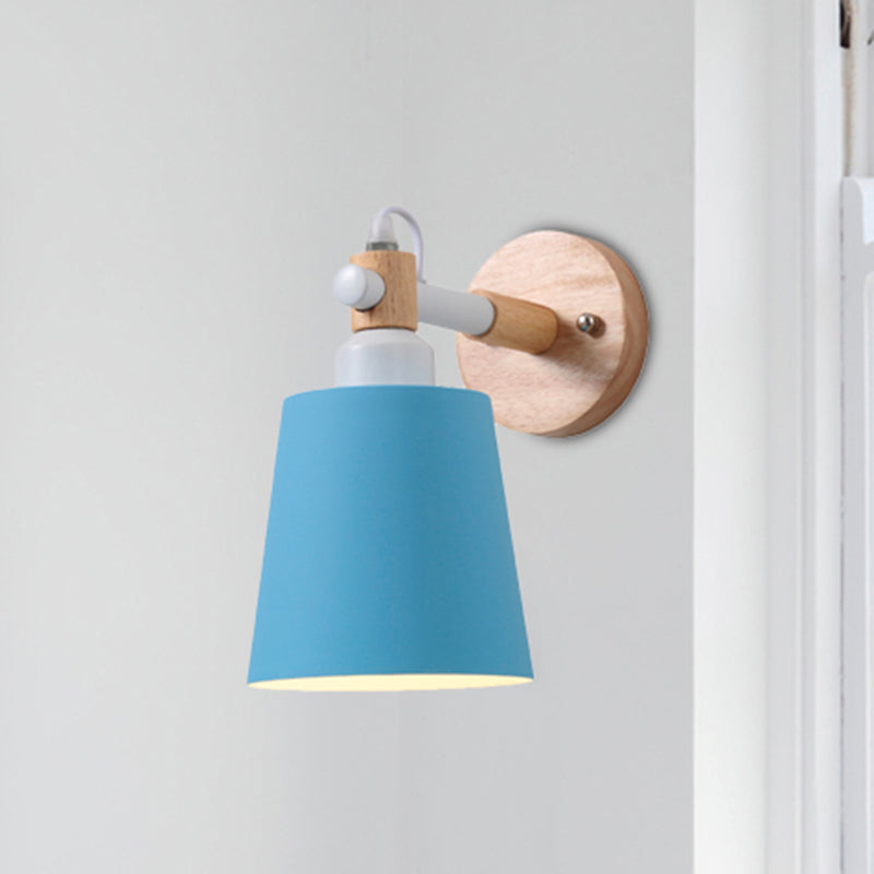 Macaroon Tapered Shade Wall Light Metal 1 Head Wall Sconce Light for Kid Bedroom Blue Clearhalo 'Wall Lamps & Sconces' 'Wall Lights' Lighting' 252074