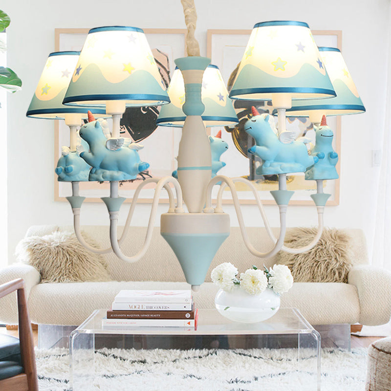 Bedroom Tapered Shade Hanging Lights Metal 5 Lights Cartoon Unicorn Chandelier in Blue/Gold/Pink Clearhalo 'Ceiling Lights' 'Chandeliers' Lighting' options 252083