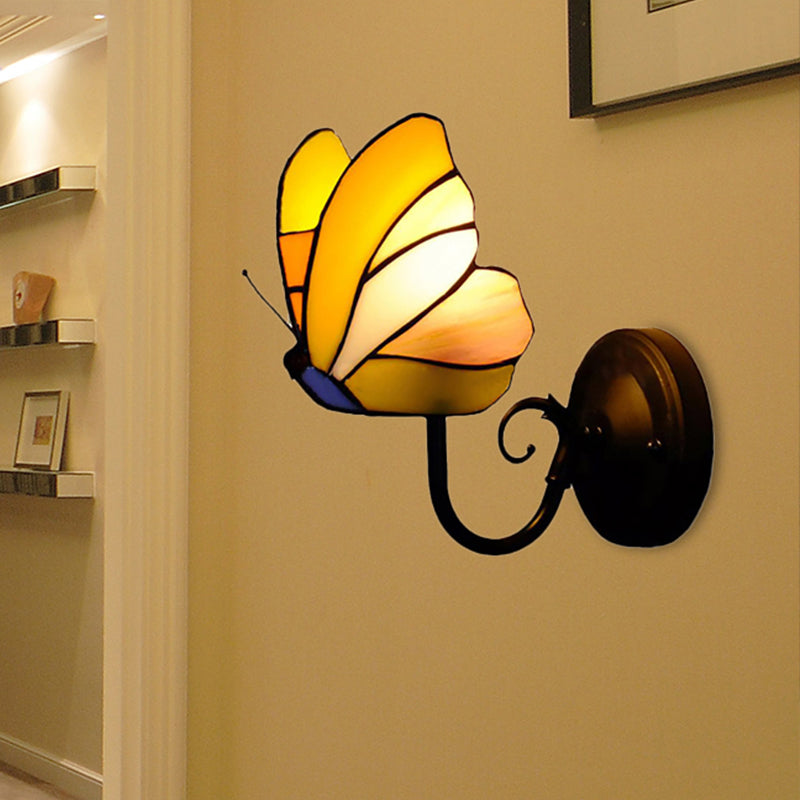 1 Light Butterfly Wall Sconce Rustic Lodge Stained Glass Decorative Wall Light for Bedroom Yellow Clearhalo 'Industrial' 'Middle century wall lights' 'Tiffany wall lights' 'Tiffany' 'Wall Lamps & Sconces' 'Wall Lights' Lighting' 252146