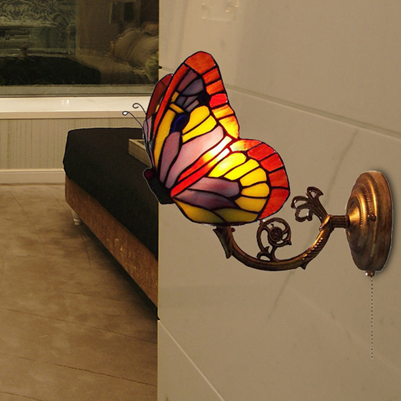 1 Light Butterfly Wall Sconce Rustic Lodge Stained Glass Decorative Wall Light for Bedroom Red Clearhalo 'Industrial' 'Middle century wall lights' 'Tiffany wall lights' 'Tiffany' 'Wall Lamps & Sconces' 'Wall Lights' Lighting' 252149