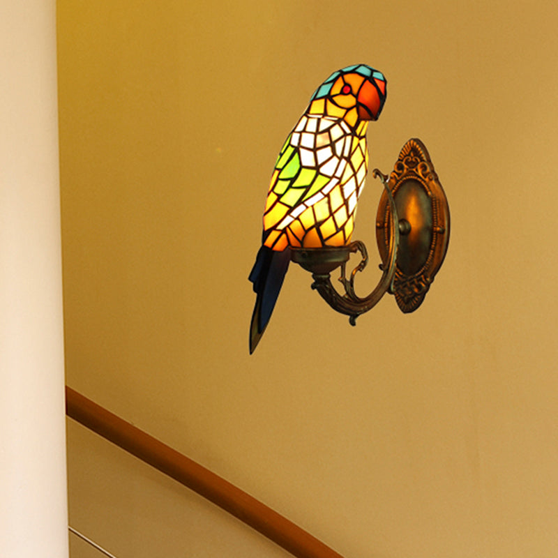 Tiffany Parrot Wall Sconce Light with Colorful Glass 1 Light Indoor Wall Mount Light for Corridor Yellow Clearhalo 'Industrial' 'Middle century wall lights' 'Tiffany wall lights' 'Tiffany' 'Wall Lamps & Sconces' 'Wall Lights' Lighting' 252178