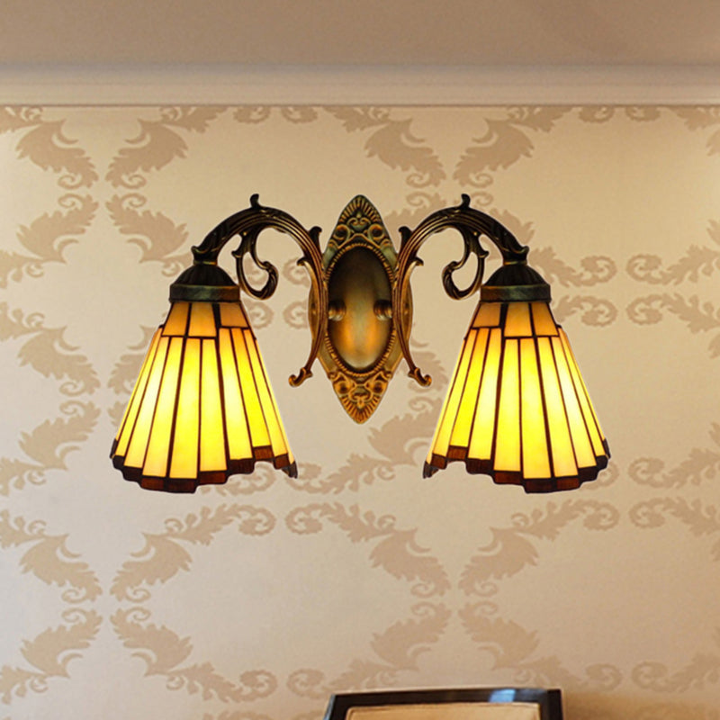 Yellow Glass Aged Brass Sconce Lighting Arc/Mermaid 2 Heads Mission Wall Mounted Light Yellow Arc Clearhalo 'Industrial' 'Middle century wall lights' 'Tiffany wall lights' 'Tiffany' 'Wall Lamps & Sconces' 'Wall Lights' Lighting' 252193