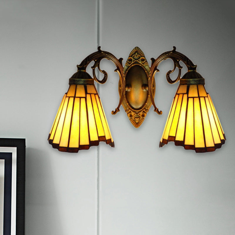 Yellow Glass Aged Brass Sconce Lighting Arc/Mermaid 2 Heads Mission Wall Mounted Light Clearhalo 'Industrial' 'Middle century wall lights' 'Tiffany wall lights' 'Tiffany' 'Wall Lamps & Sconces' 'Wall Lights' Lighting' 252194