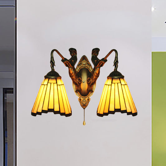 Yellow Glass Aged Brass Sconce Lighting Arc/Mermaid 2 Heads Mission Wall Mounted Light Yellow Mermaid Clearhalo 'Industrial' 'Middle century wall lights' 'Tiffany wall lights' 'Tiffany' 'Wall Lamps & Sconces' 'Wall Lights' Lighting' 252195