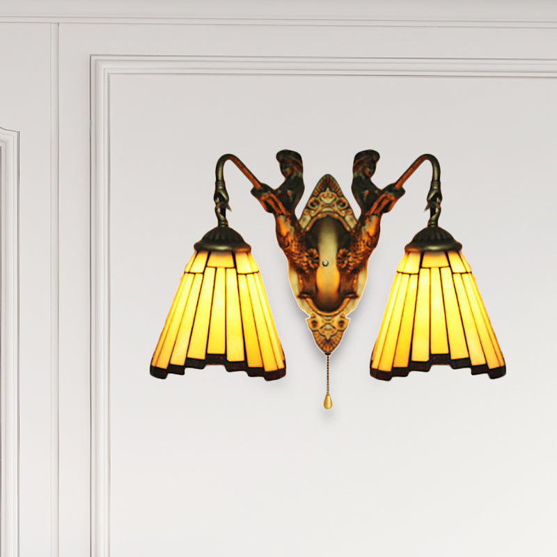Yellow Glass Aged Brass Sconce Lighting Arc/Mermaid 2 Heads Mission Wall Mounted Light Clearhalo 'Industrial' 'Middle century wall lights' 'Tiffany wall lights' 'Tiffany' 'Wall Lamps & Sconces' 'Wall Lights' Lighting' 252196