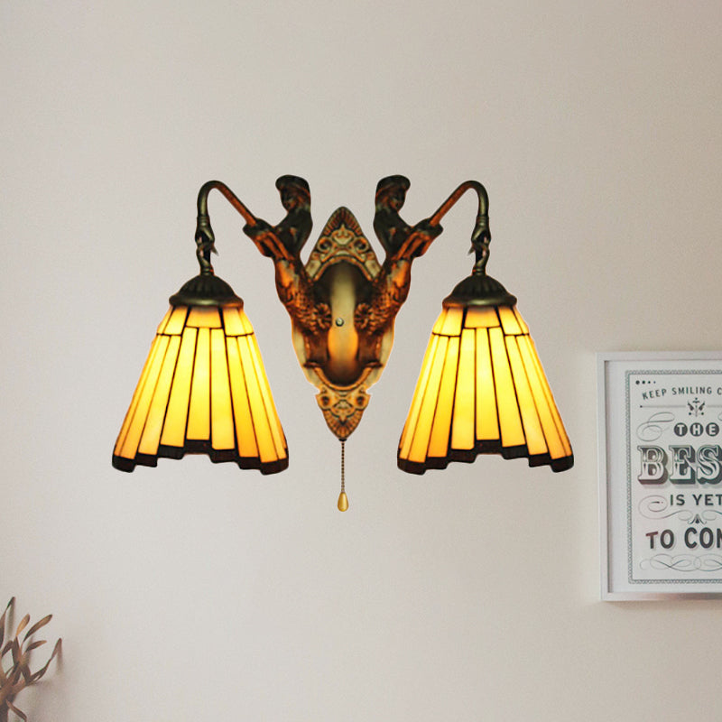 Yellow Glass Aged Brass Sconce Lighting Arc/Mermaid 2 Heads Mission Wall Mounted Light Clearhalo 'Industrial' 'Middle century wall lights' 'Tiffany wall lights' 'Tiffany' 'Wall Lamps & Sconces' 'Wall Lights' Lighting' 252197
