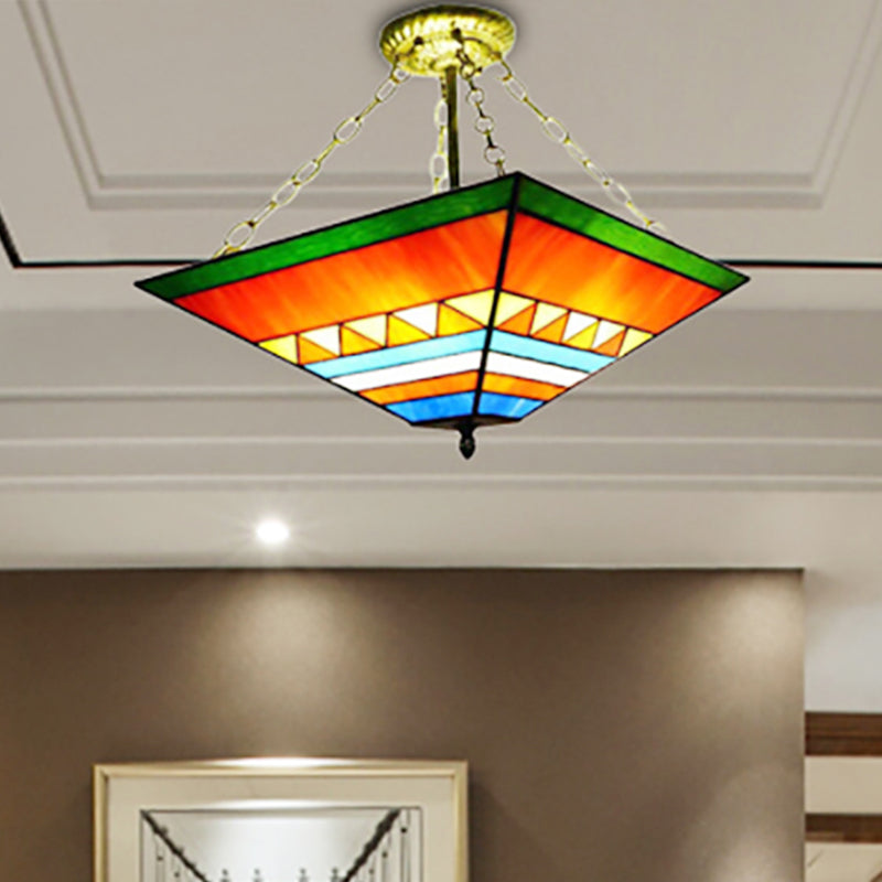Tiffany Stylish Inverted Semi Flush Mount Light with Trapezoid Stained Shade Glass Ceiling Lamp in Orange/Yellow Orange Clearhalo 'Ceiling Lights' 'Close To Ceiling Lights' 'Close to ceiling' 'Glass shade' 'Glass' 'Pendant Lights' 'Semi-flushmount' 'Tiffany close to ceiling' 'Tiffany' Lighting' 252211