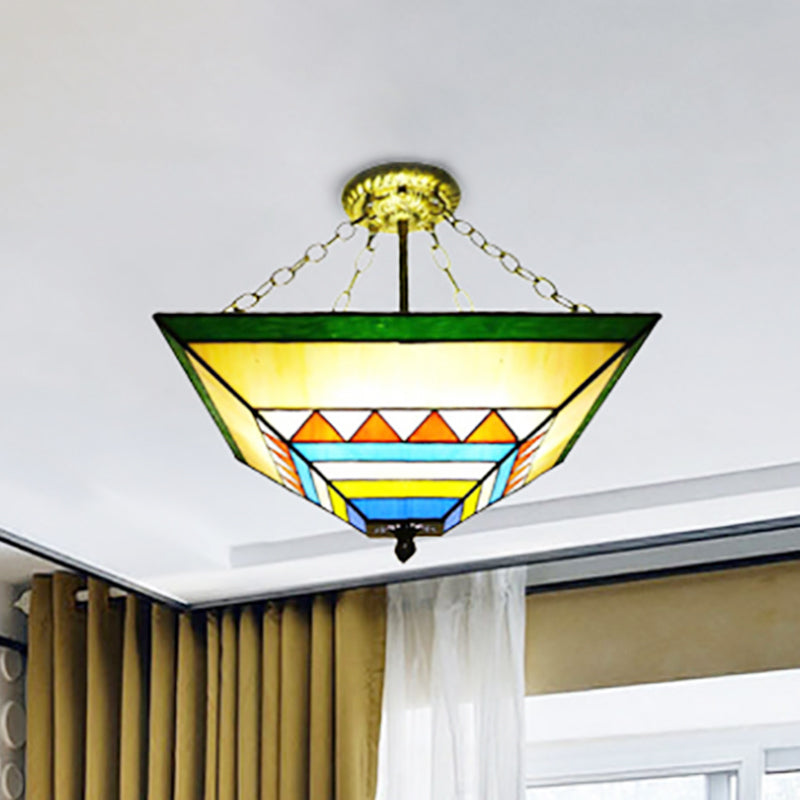 Tiffany Stylish Inverted Semi Flush Mount Light with Trapezoid Stained Shade Glass Ceiling Lamp in Orange/Yellow Yellow Clearhalo 'Ceiling Lights' 'Close To Ceiling Lights' 'Close to ceiling' 'Glass shade' 'Glass' 'Pendant Lights' 'Semi-flushmount' 'Tiffany close to ceiling' 'Tiffany' Lighting' 252213
