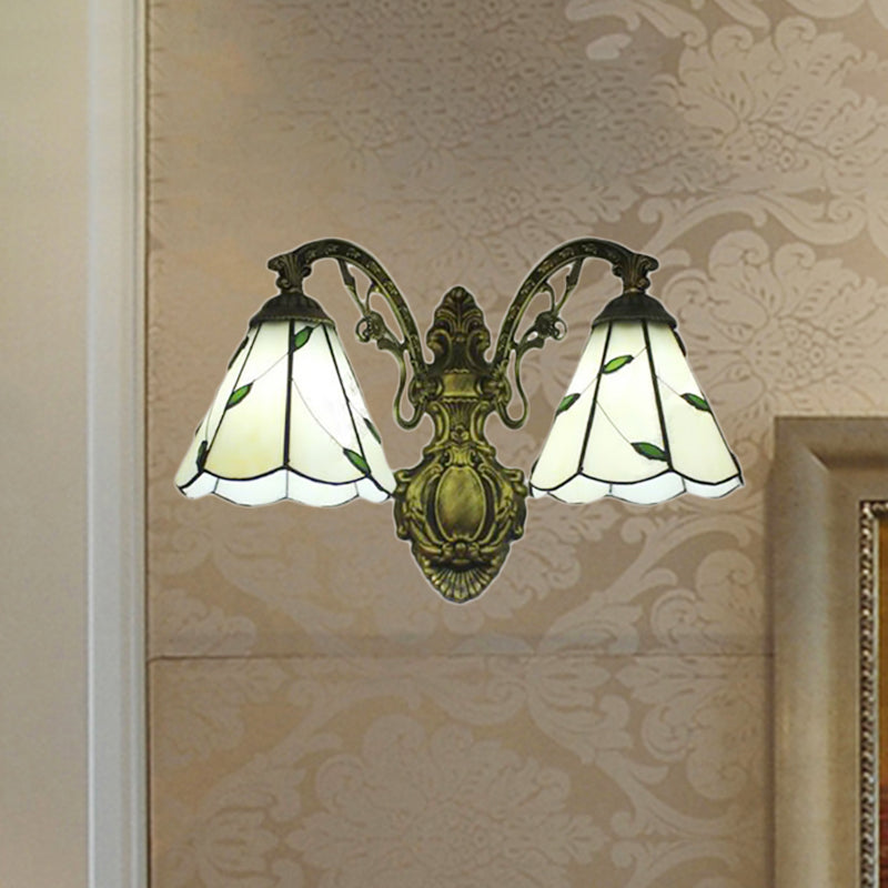 Leaf Wall Mount Light 2 Lights Stained Glass Rustic Sconce Lighting for Bedroom Clearhalo 'Industrial' 'Middle century wall lights' 'Tiffany wall lights' 'Tiffany' 'Wall Lamps & Sconces' 'Wall Lights' Lighting' 252243