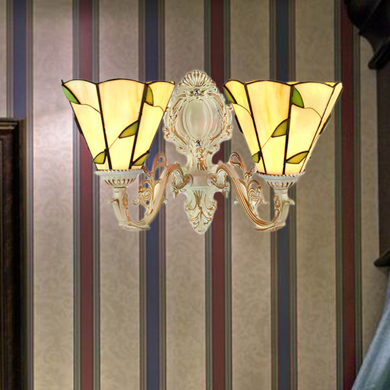 Leaf Wall Mount Light 2 Lights Stained Glass Rustic Sconce Lighting for Bedroom White Clearhalo 'Industrial' 'Middle century wall lights' 'Tiffany wall lights' 'Tiffany' 'Wall Lamps & Sconces' 'Wall Lights' Lighting' 252244
