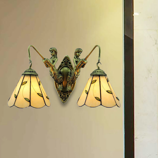 Leaf Wall Mount Light 2 Lights Stained Glass Rustic Sconce Lighting for Bedroom Clearhalo 'Industrial' 'Middle century wall lights' 'Tiffany wall lights' 'Tiffany' 'Wall Lamps & Sconces' 'Wall Lights' Lighting' 252245