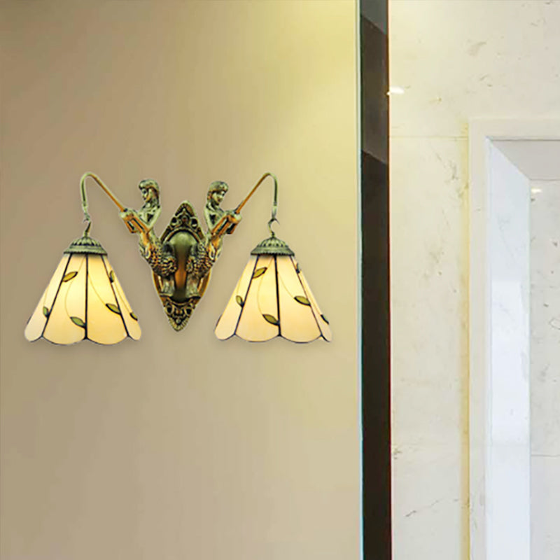 Leaf Wall Mount Light 2 Lights Stained Glass Rustic Sconce Lighting for Bedroom Clearhalo 'Industrial' 'Middle century wall lights' 'Tiffany wall lights' 'Tiffany' 'Wall Lamps & Sconces' 'Wall Lights' Lighting' 252246