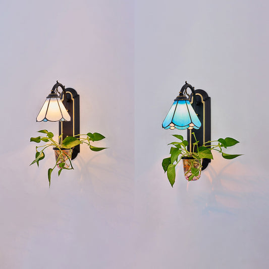 Mediterranean Cone Sconce Lighting 1 Head Blue/White Glass Wall Light Fixture with Plant Decoration Clearhalo 'Industrial' 'Middle century wall lights' 'Tiffany wall lights' 'Tiffany' 'Wall Lamps & Sconces' 'Wall Lights' Lighting' 25226